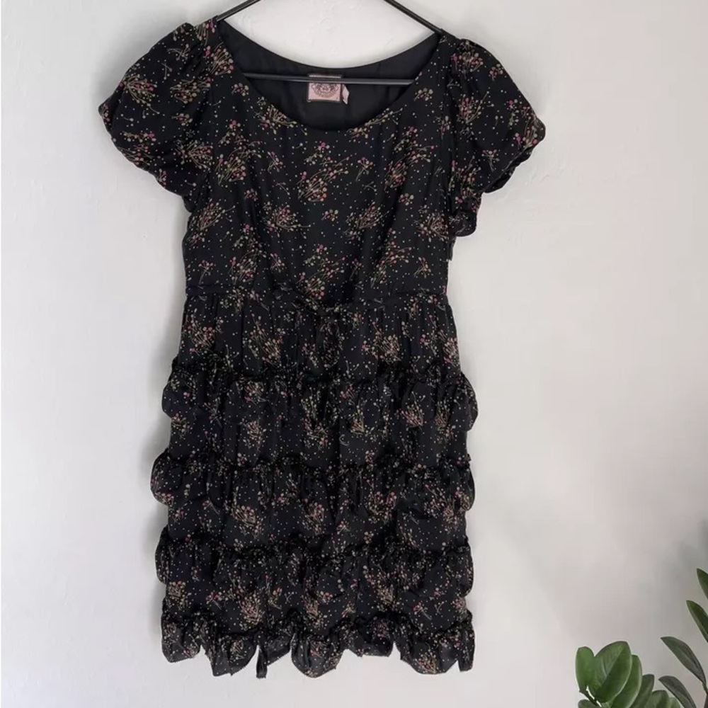 Like New 100% Silk Juicy Couture Patterned Tiered Ruffle Mini Skater Dress